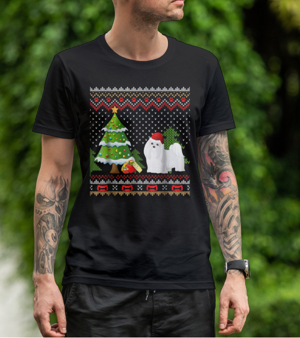 Maltese Santa Christmas UglyDog With Festive Tree And Gifts T-Shirt