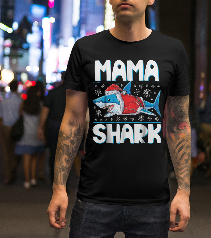 Mama Shark Santa Festive Snowflakes T-Shirt