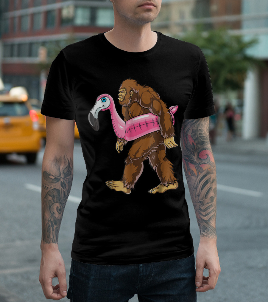 Pool Party Bigfoot with Pink Flamingo Float Sasquatch T-Shirt