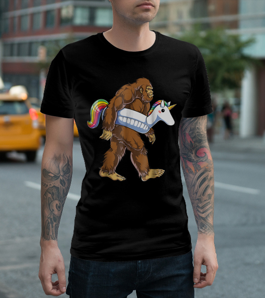 Sasquatch with Unicorn Float Pool Party Bigfoot T-Shirt