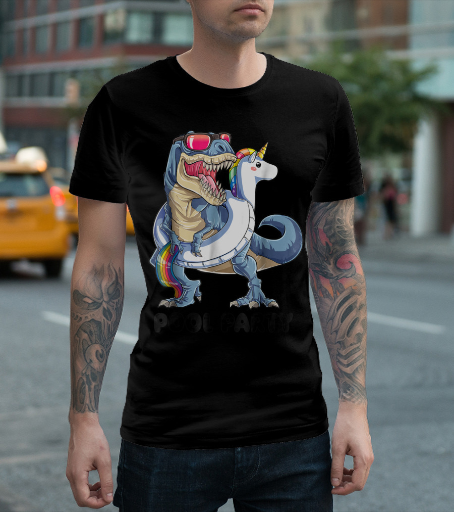 Pool Party Dinosaur Unicorn Rex Float Sunglasses T-Shirt