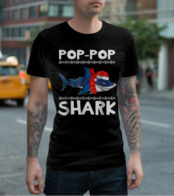 Pop-Pop Shark Santa Hat Christmas Family T-Shirt