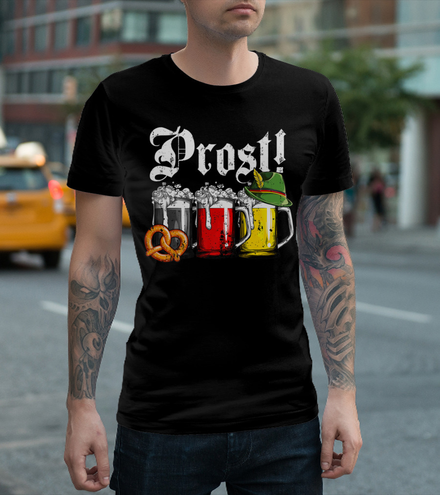 Prost Beer German Flag Oktoberfest with Pretzel and Bavarian Hat T-Shirt