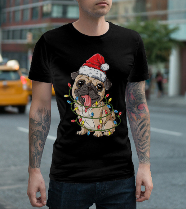 Pug Wearing Santa Hat Wrapped In Xmas Lights For Christmas T-Shirt