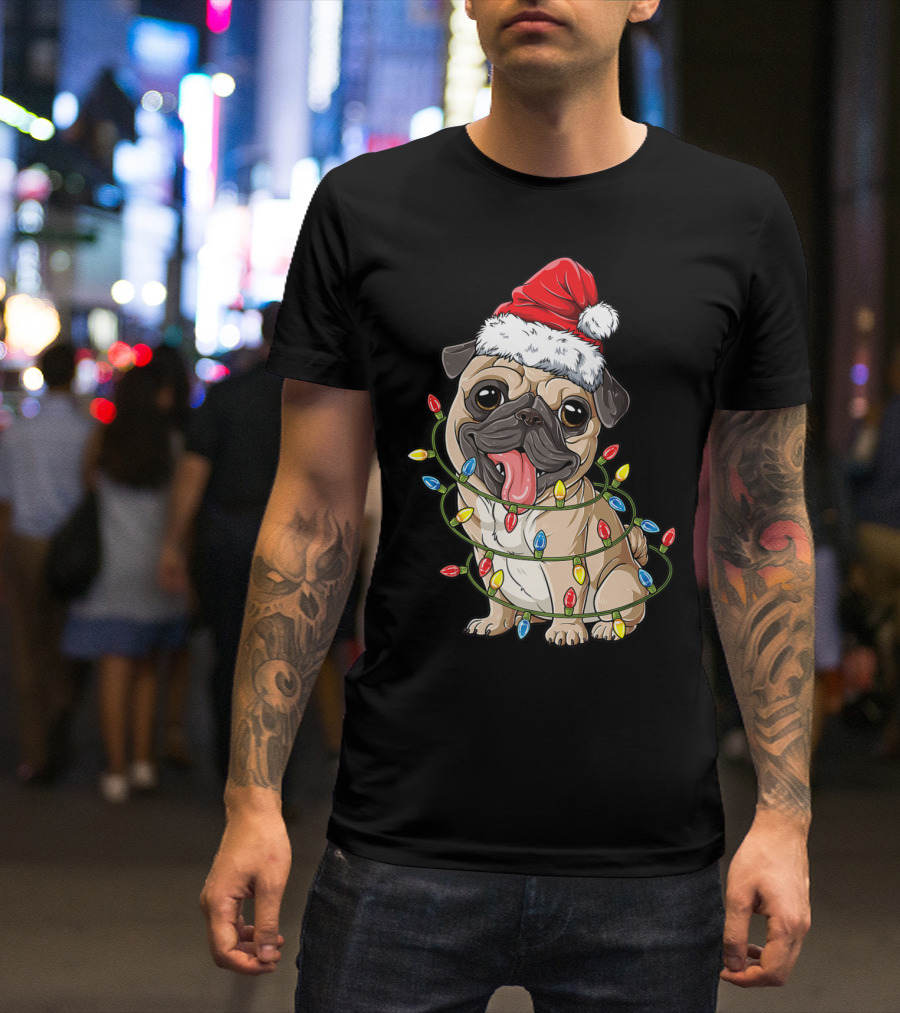 Pug Wearing Santa Hat Wrapped In Xmas Lights For Christmas T-Shirt