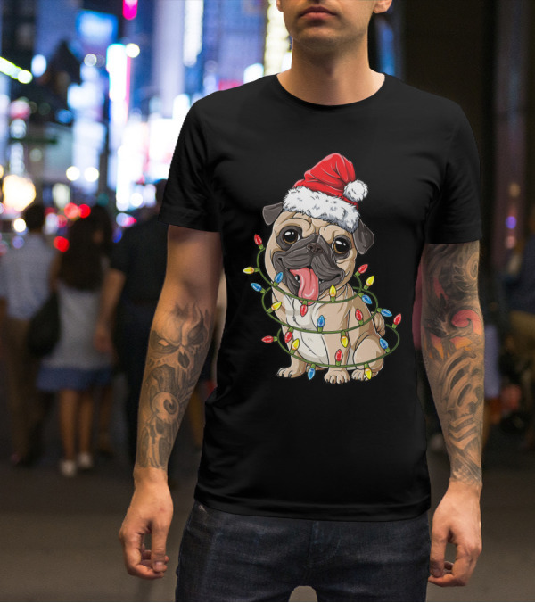 Pug Wearing Santa Hat Wrapped In Xmas Lights For Christmas T-Shirt