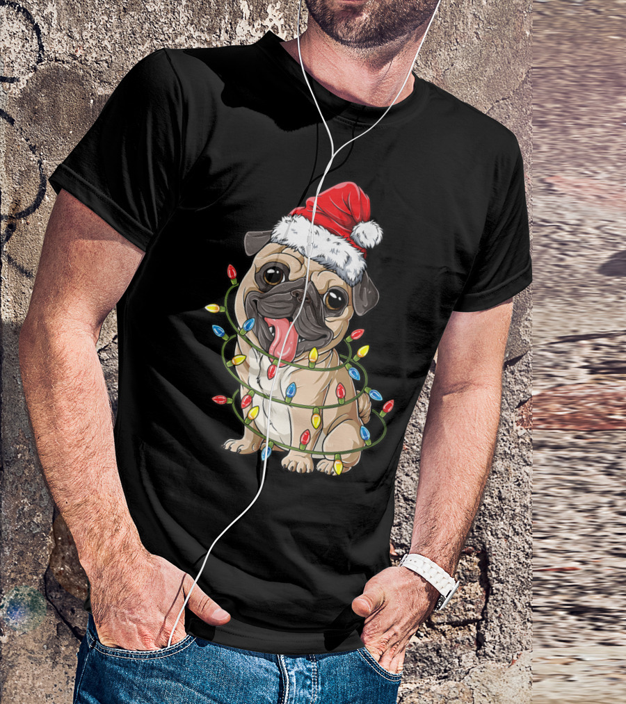Pug Wearing Santa Hat Wrapped In Xmas Lights For Christmas T-Shirt