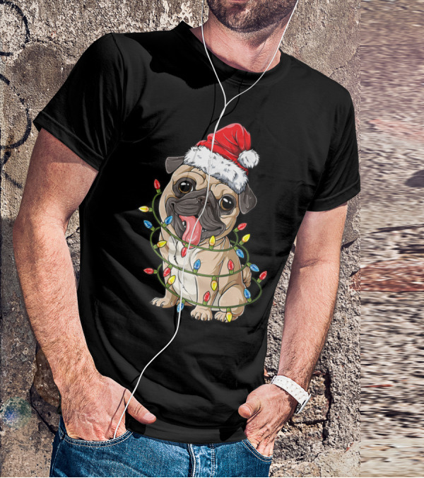 Pug Wearing Santa Hat Wrapped In Xmas Lights For Christmas T-Shirt