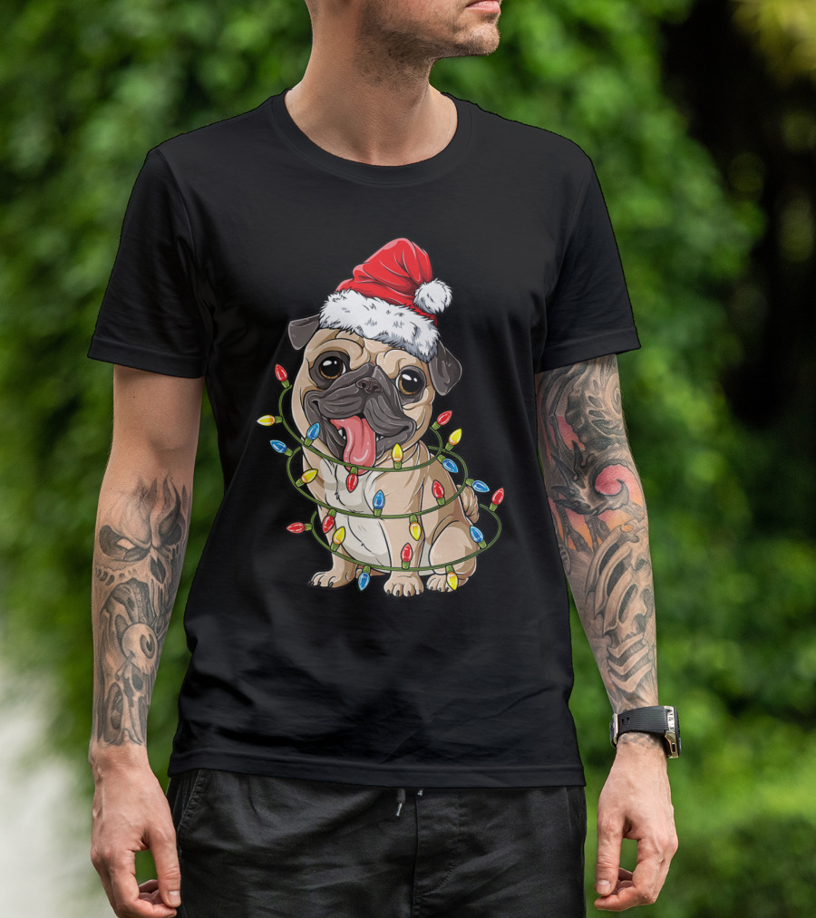 Pug Wearing Santa Hat Wrapped In Xmas Lights For Christmas T-Shirt