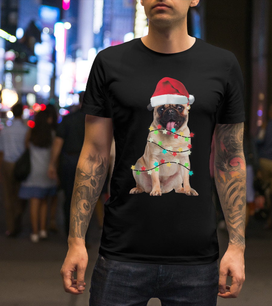 Pug Santa Christmas Light Wrapping Festive Holiday Hat T-Shirt