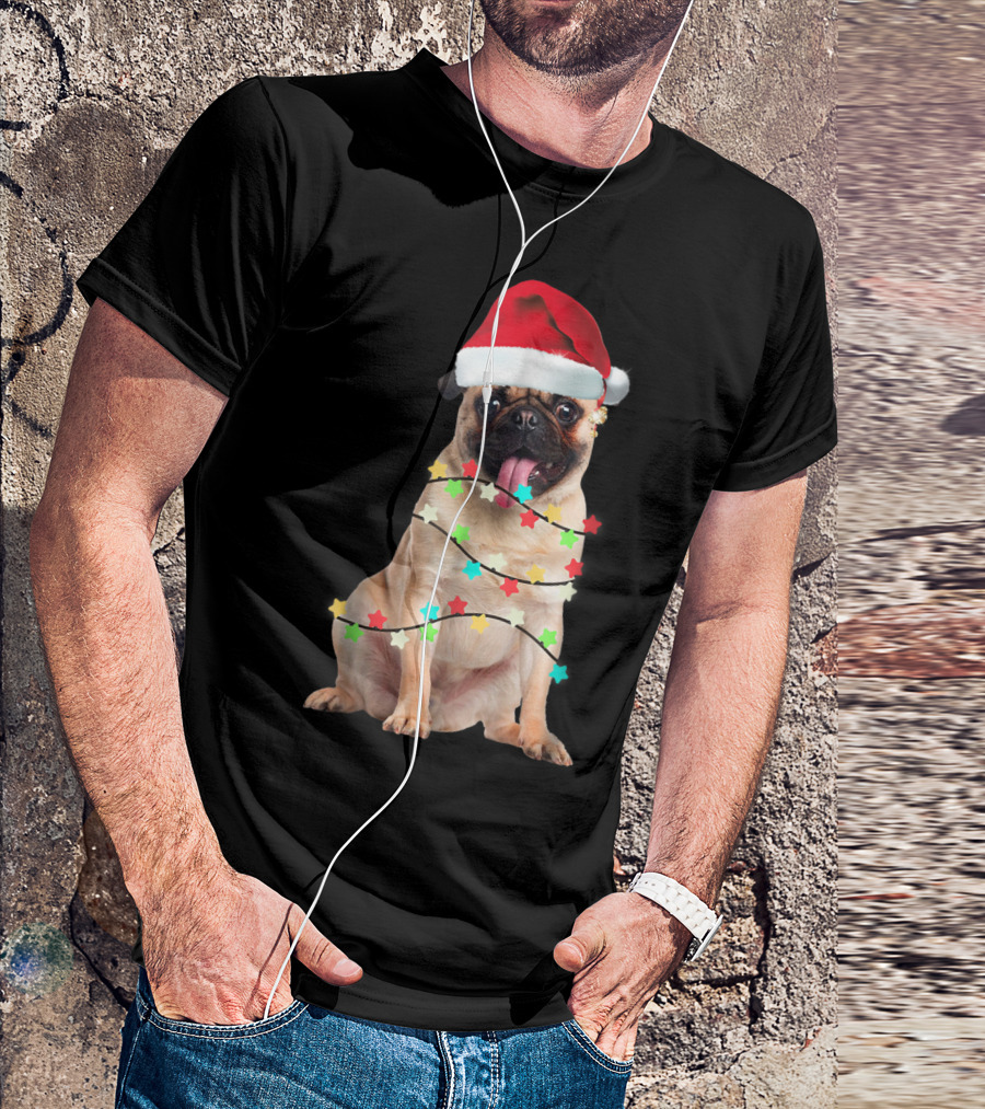 Pug Santa Christmas Light Wrapping Festive Holiday Hat T-Shirt