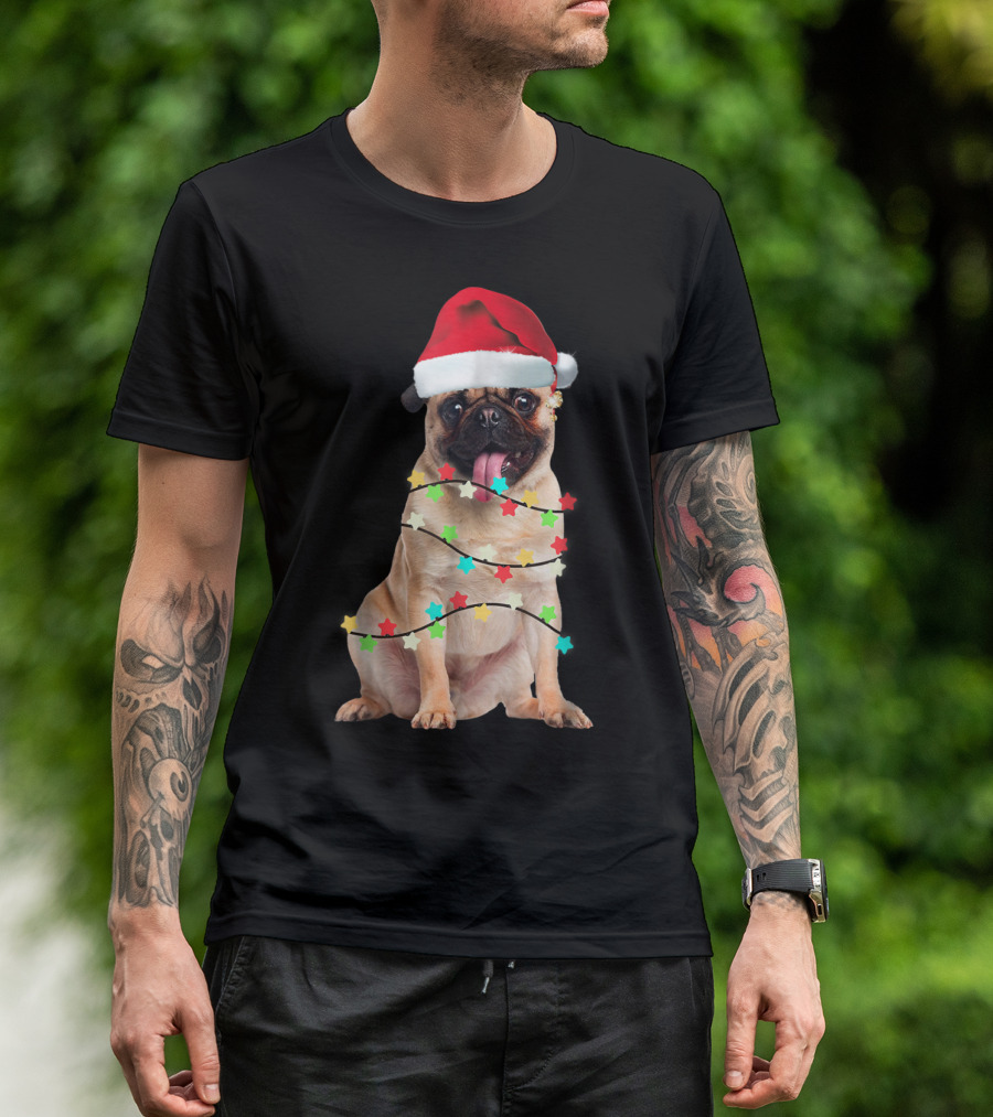 Pug Santa Christmas Light Wrapping Festive Holiday Hat T-Shirt