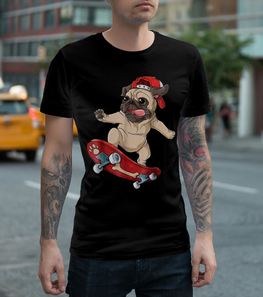 Pug Puppy Skater with Red Hat and Paw Print Skateboard T-Shirt