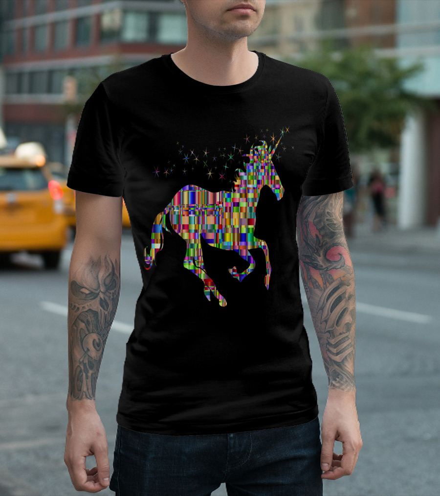 Riding Unicorn Rawr Sparkling Rainbow Stripes T-Shirt