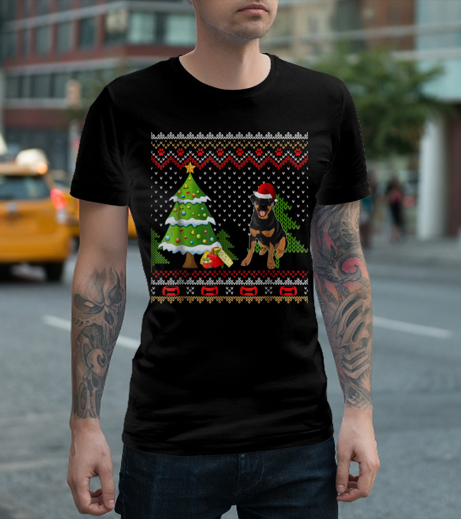 Rottweiler Santa Christmas Ugly Dog Sweater Tree and Gifts T-Shirt