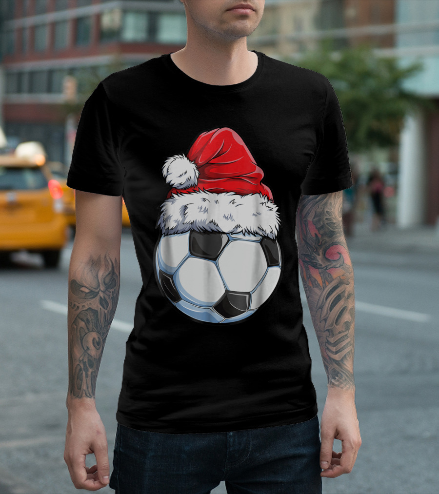 Santa Hat on Soccer Ball Christmas Xmas T-Shirt