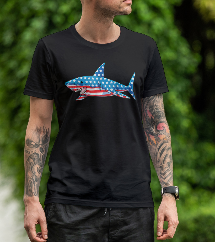 Shark American Flag Stars And Stripes 4th Of July T-Shirt