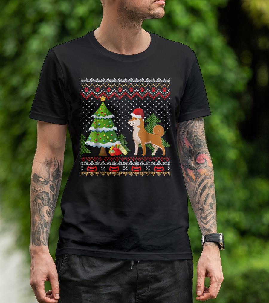 Shiba Inu Santa Christmas Tree Presents UglyDog T-Shirt