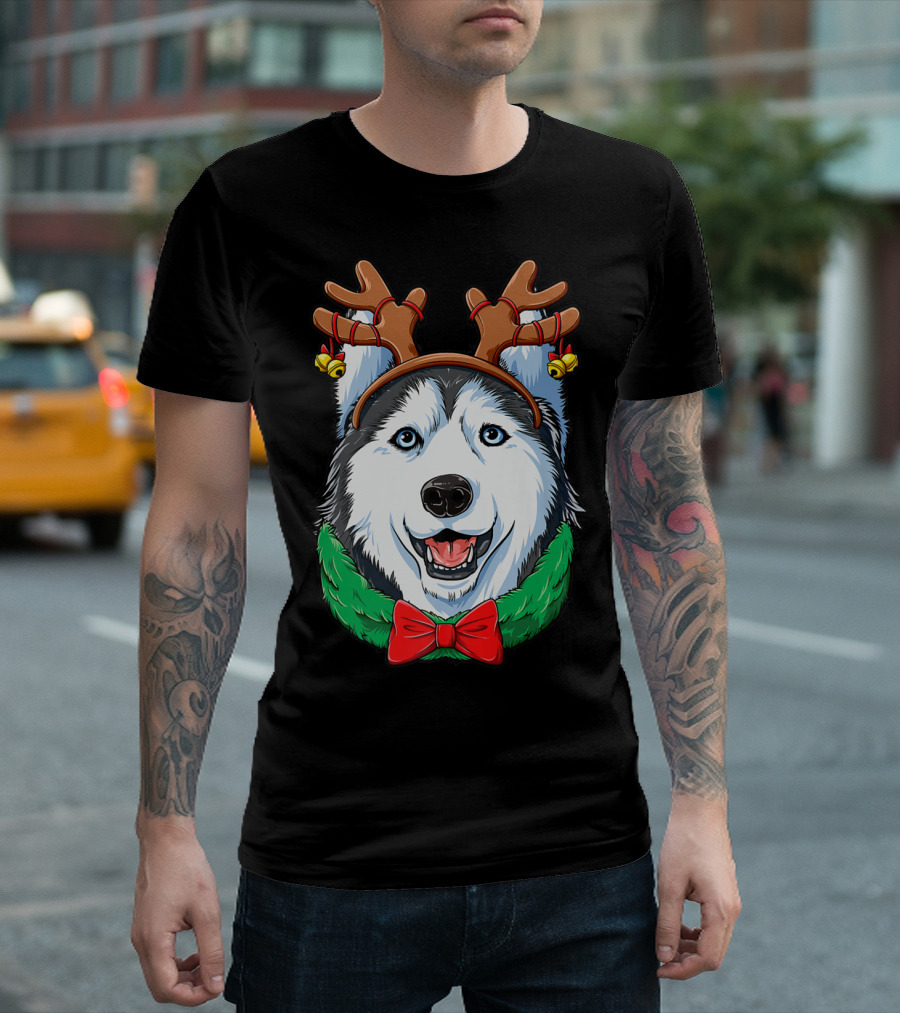 Siberian Husky with Christmas Reindeer Antlers and Festive Bow T-Shirt