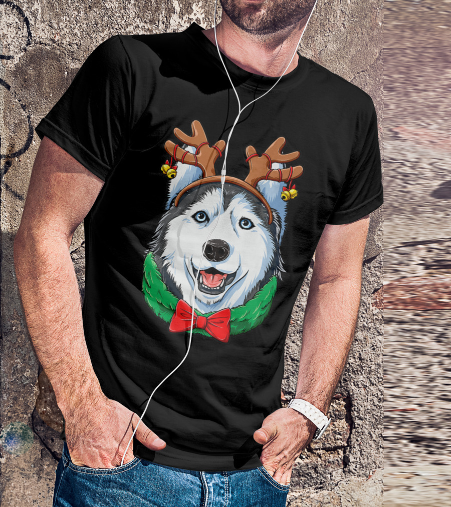 Siberian Husky With Christmas Reindeer Antlers And Festive Bow T-Shirt