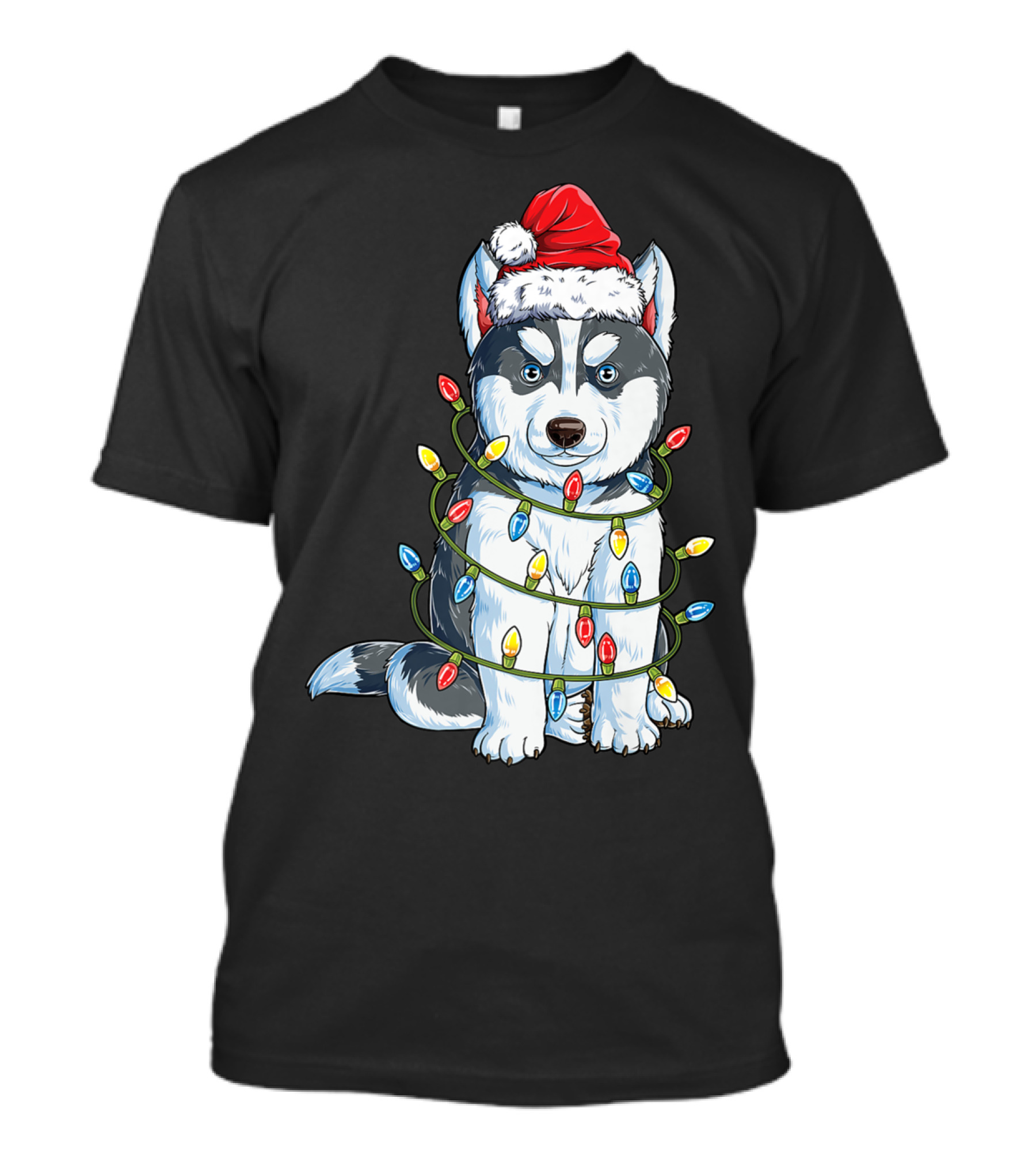 Siberian Husky Christmas Santa Hat Wrapped In Xmas Lights T-Shirt