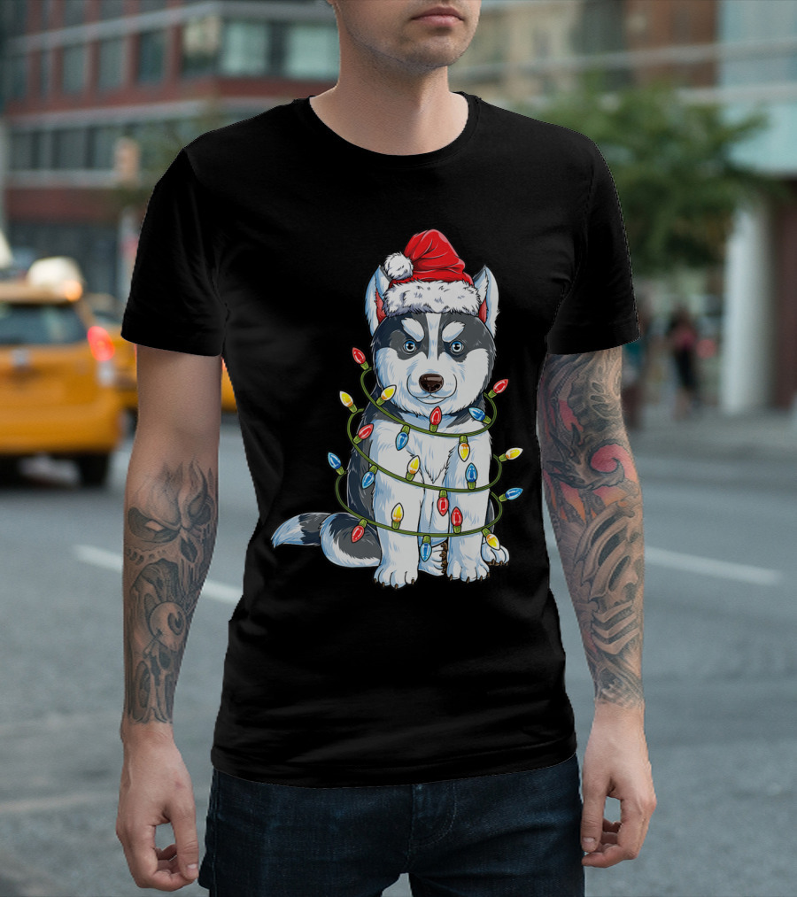 Siberian Husky Christmas Santa Hat Wrapped In Xmas Lights T-Shirt
