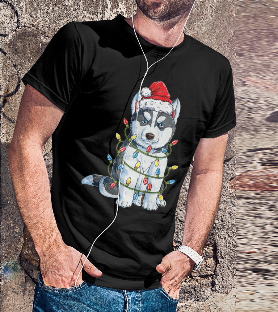 Siberian Husky Christmas Santa Hat Wrapped In Xmas Lights T-Shirt