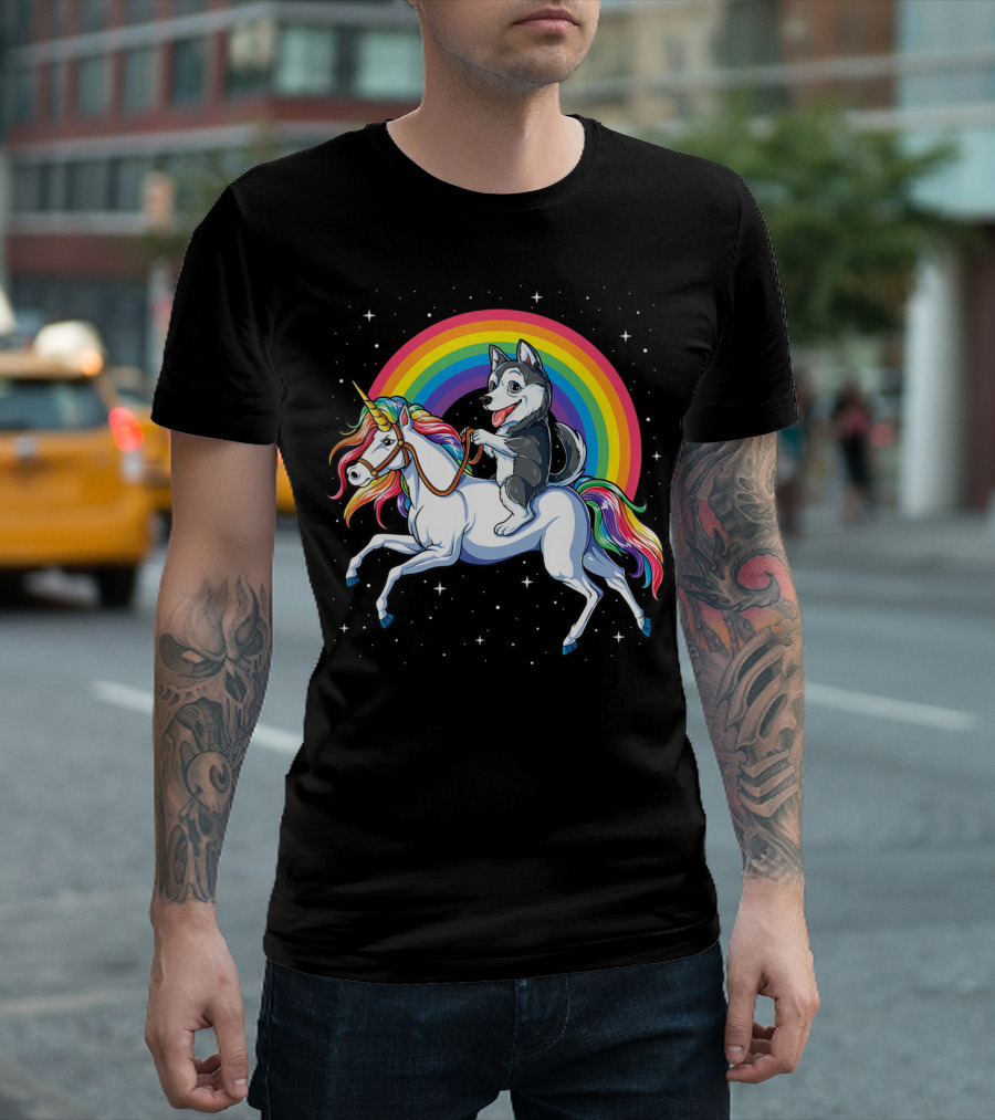 Siberian Husky Riding Rainbow Unicorn in Space Galaxy MK Women's T-Shirt