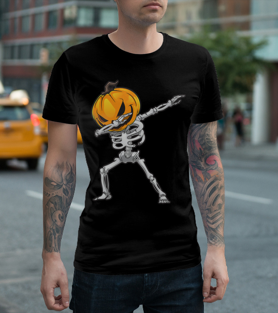 Skeleton Dabbing Halloween Scary Pumpkin Head Dance T-Shirt