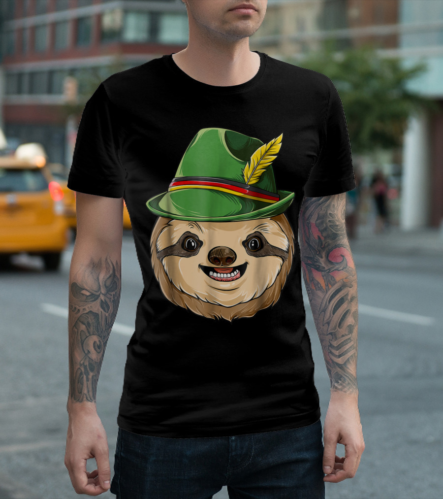 Sloth Oktoberfest Lederhosen Hat with Feather T-Shirt