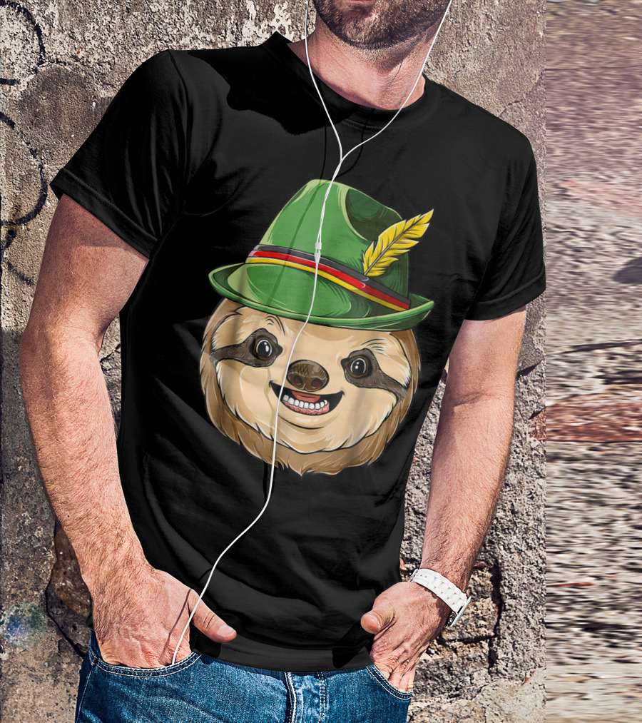 Sloth Oktoberfest Lederhosen Hat With Feather T-Shirt
