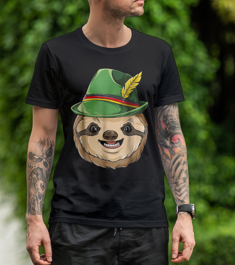 Sloth Oktoberfest Lederhosen Hat With Feather T-Shirt