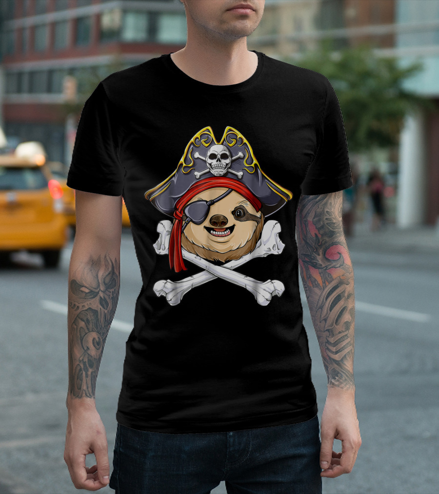 Pirate Sloth With Jolly Roger Skull And Crossbones T-Shirt