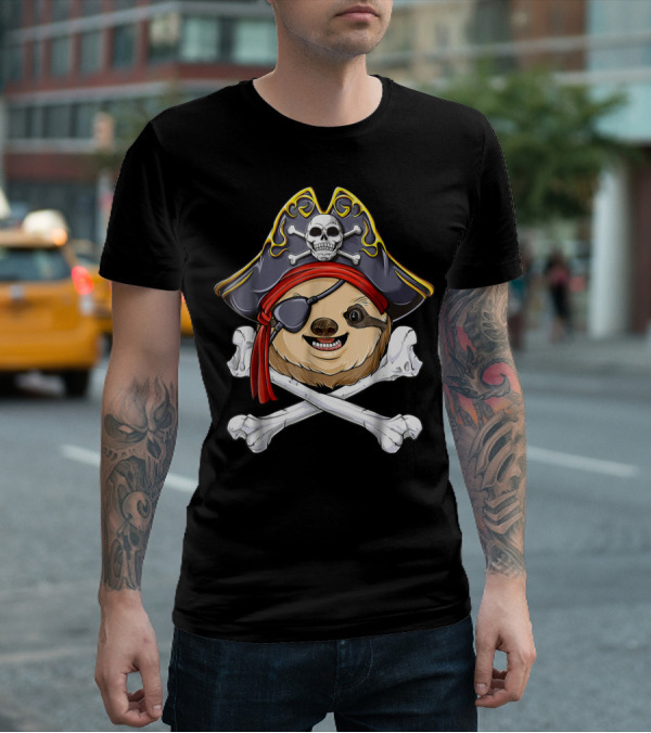Pirate Sloth With Jolly Roger Skull And Crossbones T-Shirt