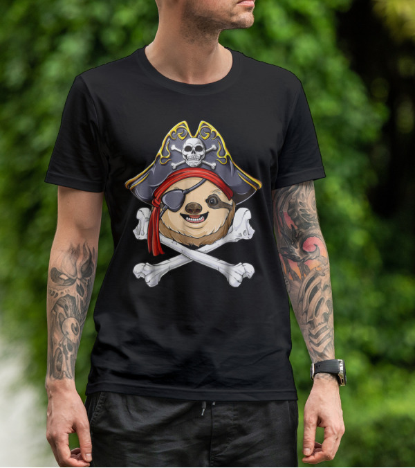 Pirate Sloth With Jolly Roger Skull And Crossbones T-Shirt
