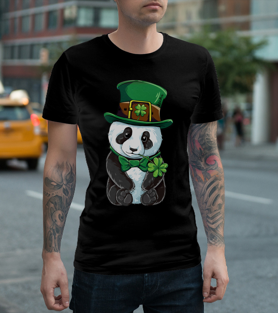 St Patricks Day Leprechaun Panda With Clover Cute Irish T-Shirt