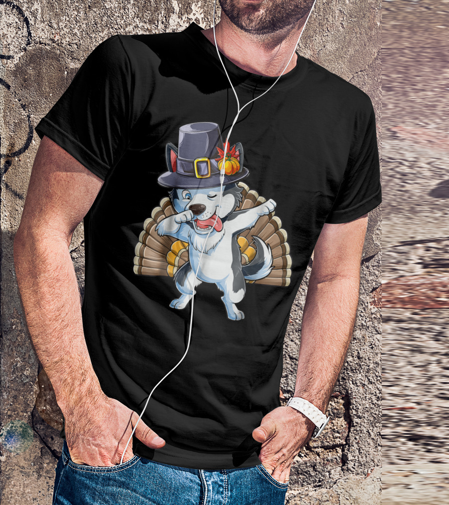 Thanksgiving Dabbing Siberian Husky In Pilgrim Hat With Turkey Feathers T-Shirt