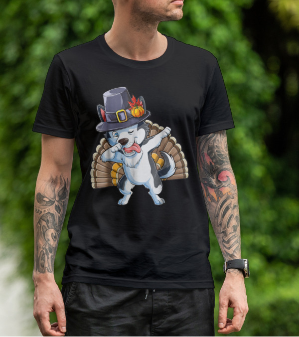 Thanksgiving Dabbing Siberian Husky In Pilgrim Hat With Turkey Feathers T-Shirt