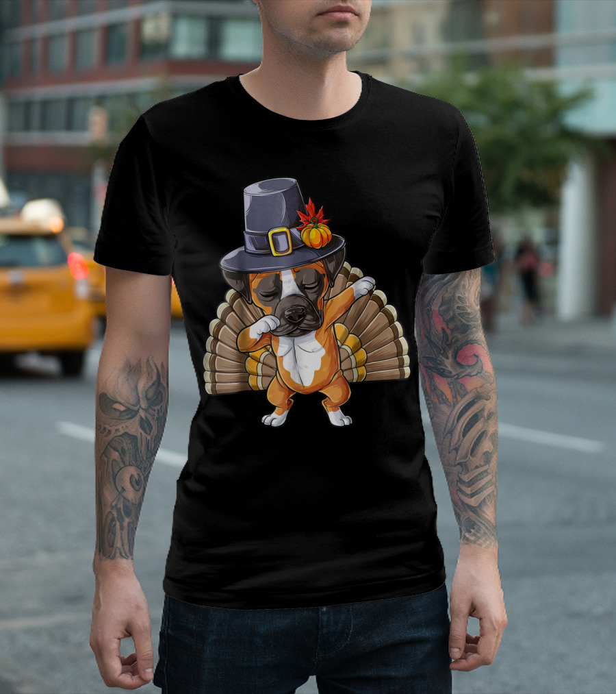 Thanksgiving Dabbing Boxer Turkey Dog in Pilgrim Hat T-Shirt