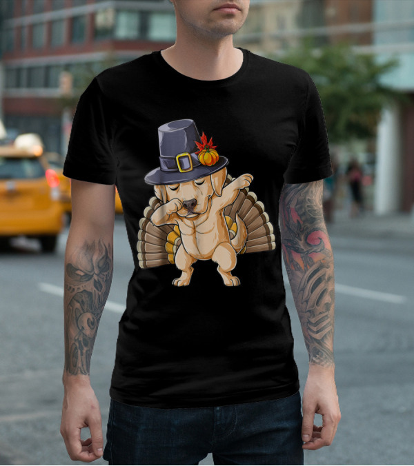 Thanksgiving Labrador Dabbing In Pilgrim Hat With Turkey Feathers T-Shirt