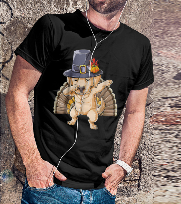 Thanksgiving Labrador Dabbing In Pilgrim Hat With Turkey Feathers T-Shirt