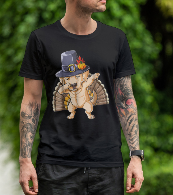 Thanksgiving Labrador Dabbing In Pilgrim Hat With Turkey Feathers T-Shirt