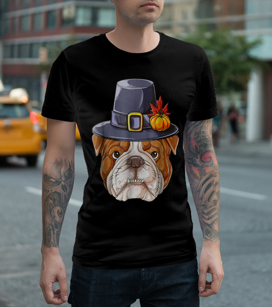 Thanksgiving Kids English Bulldog Pilgrim Hat Pumpkin Maple Leaf T-Shirt
