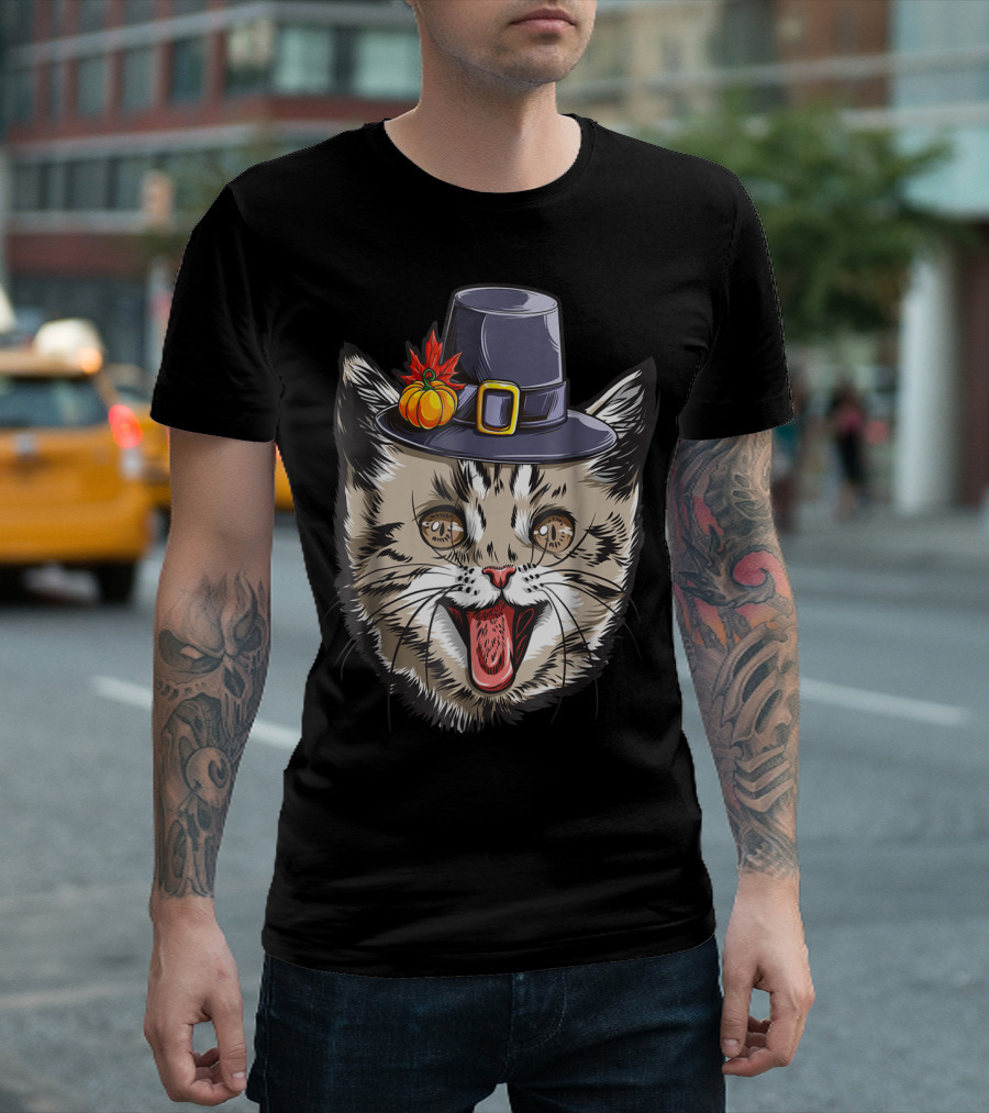 Thanksgiving Cat Pilgrim With Pumpkin Hat IY T-Shirt