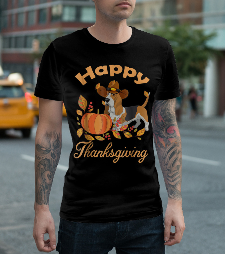 Happy Thanksgiving Basset Hound with Pumpkin and Pilgrim Hat T-Shirt
