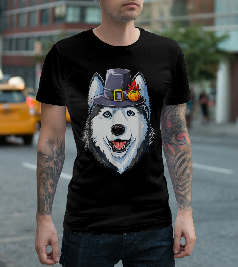 Thanksgiving Pilgrim Hat Siberian Husky with Pumpkin and Maple Leaf T-Shirt
