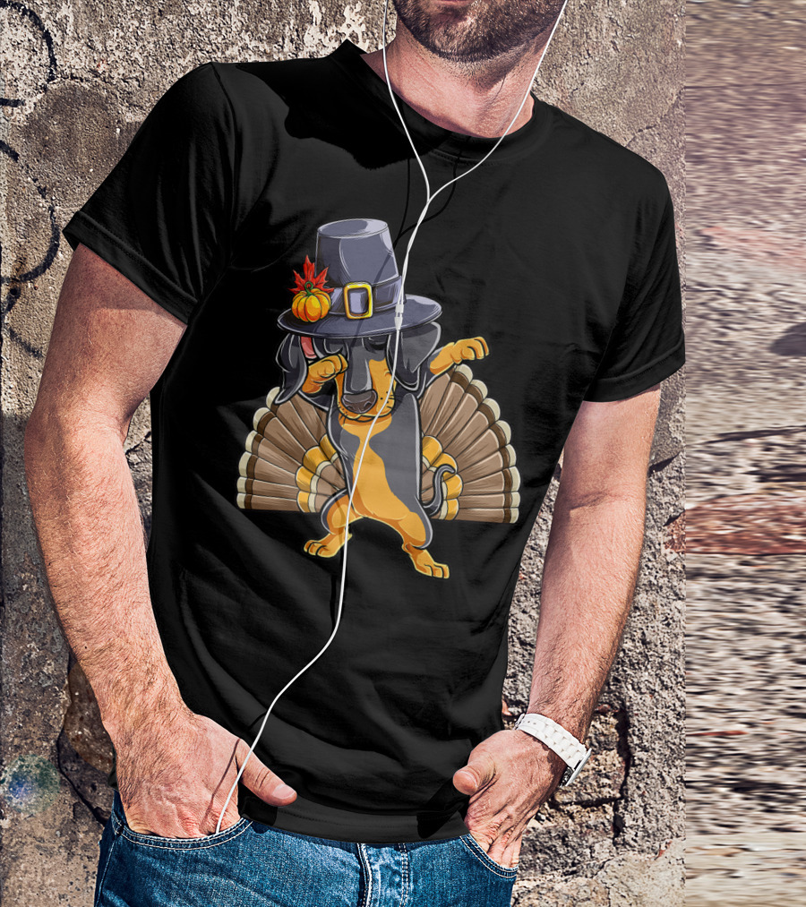 Thanksgiving Dabbing Dachshund Pilgrim Hat Turkey Tail T-Shirt