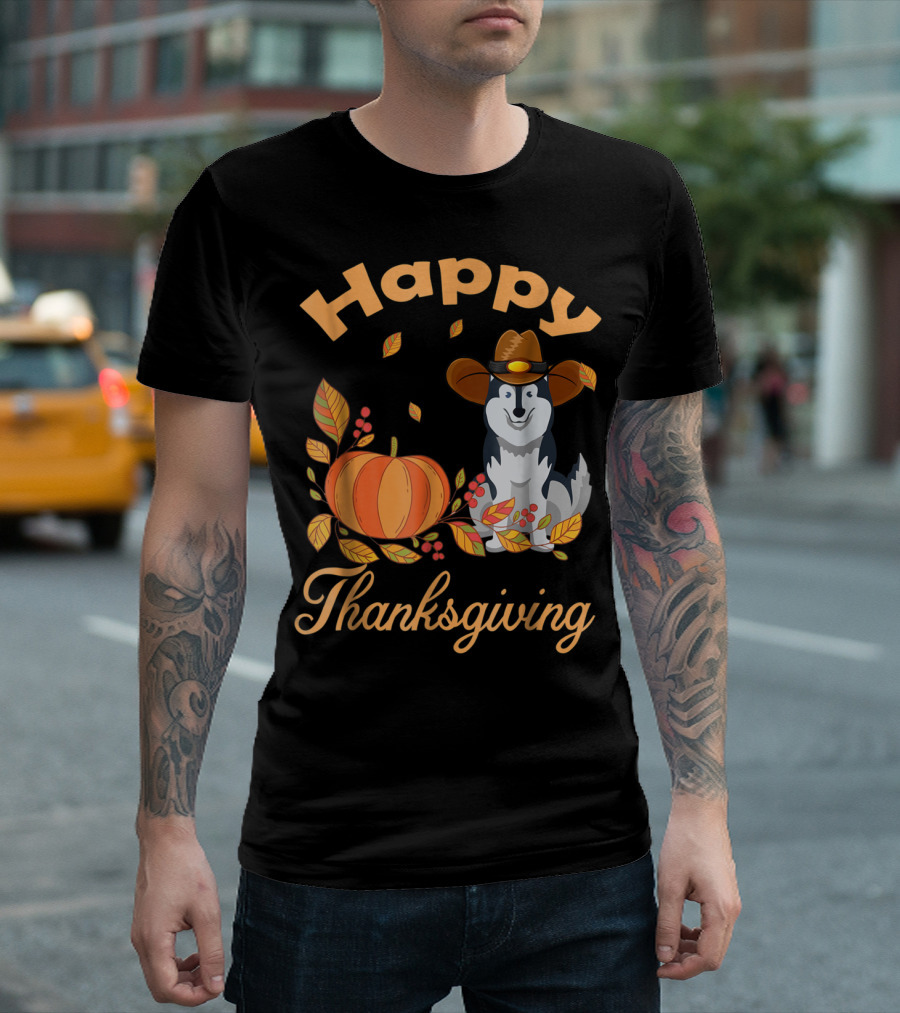 Happy Thanksgiving Siberian Husky with Pumpkin and Fall Leaves T-Shirt