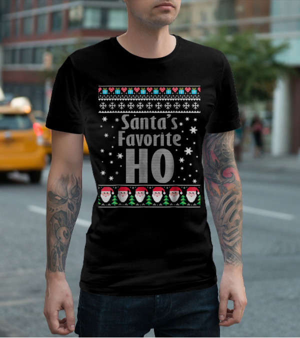Santa's Favorite Ho Christmas Sweater Style Snowflakes And Santa Faces T-Shirt