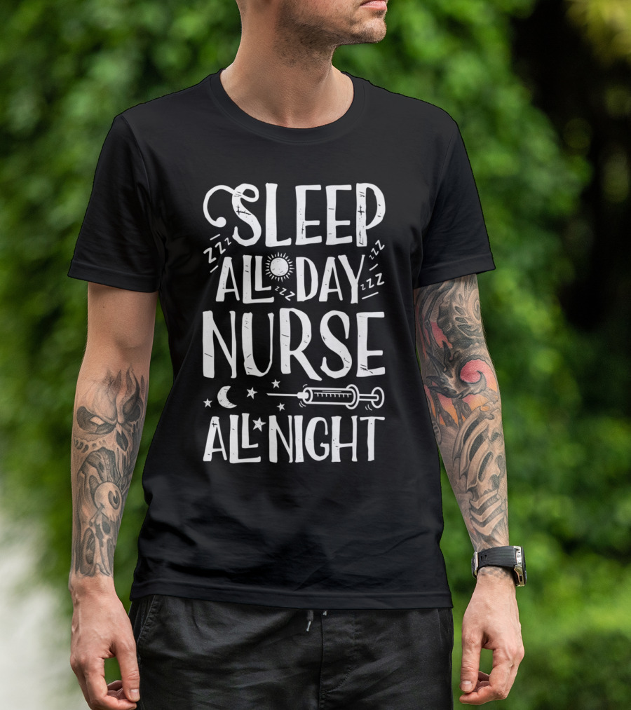 Sleep All Day Nurse All Night Sun Moon Stars Syringe ZZZ Women's Nursing EF T-Shirt